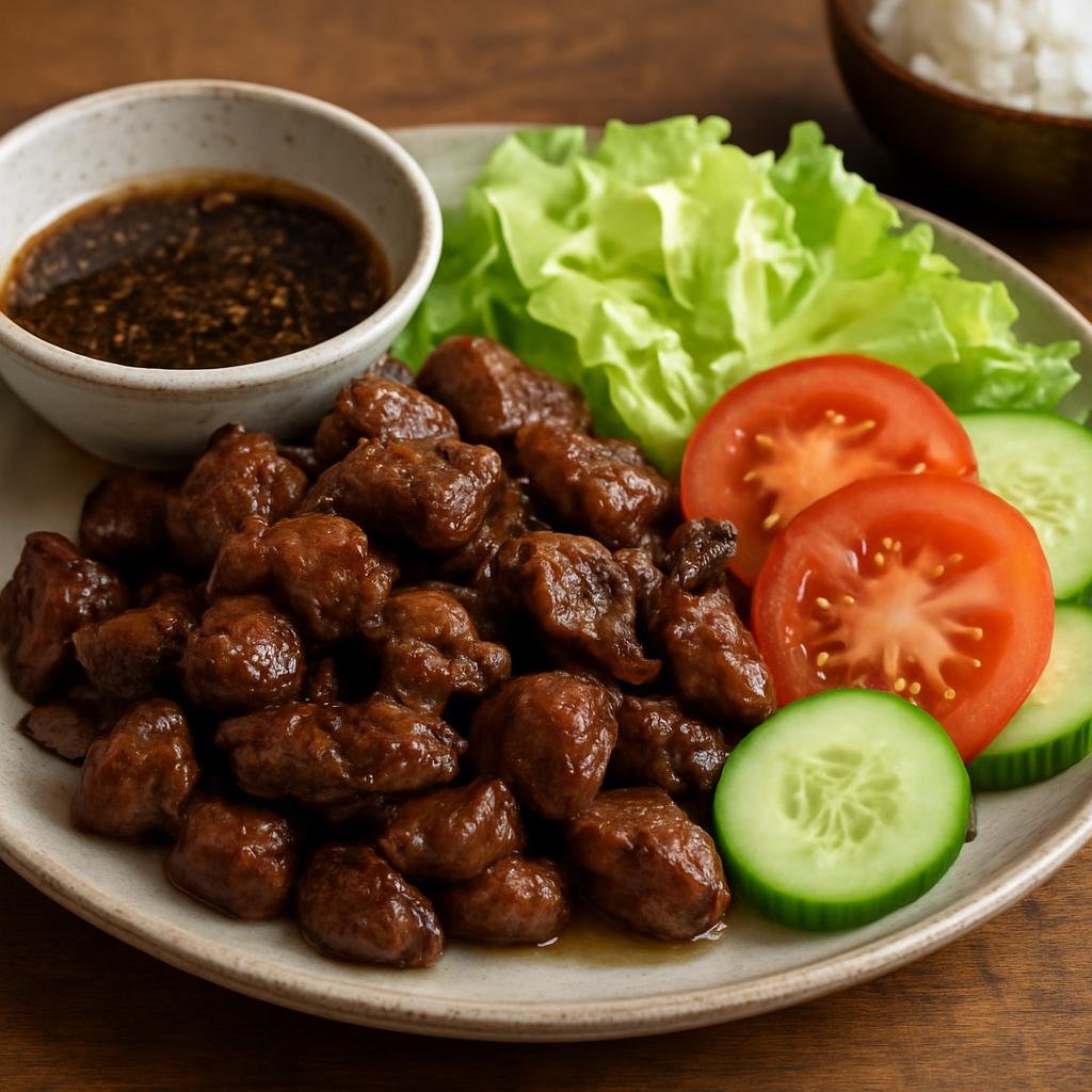 Entree: Cambodia – Khmer Central Cuisine – លុកឡាក់ ➤ Lok Lak (Stir-fried marinated beef served with a lime-and-black-pepper dipping sauce and fresh vegetables) recipe