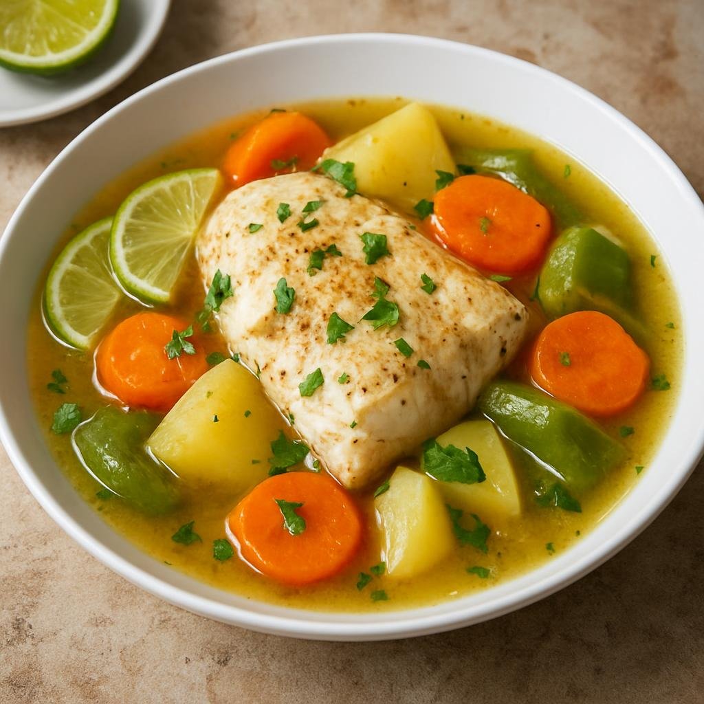 Entree: Bahamas – Bahamian Boiled Fish (Poached seasoned white fish cooked in a light aromatic broth with vegetables and citrus) recipe