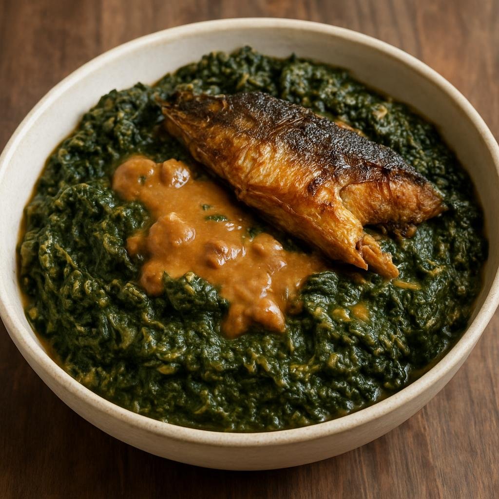 Entree: Burundi – Isombe (Stewed mashed cassava leaves cooked with peanut butter and smoked fish) recipe