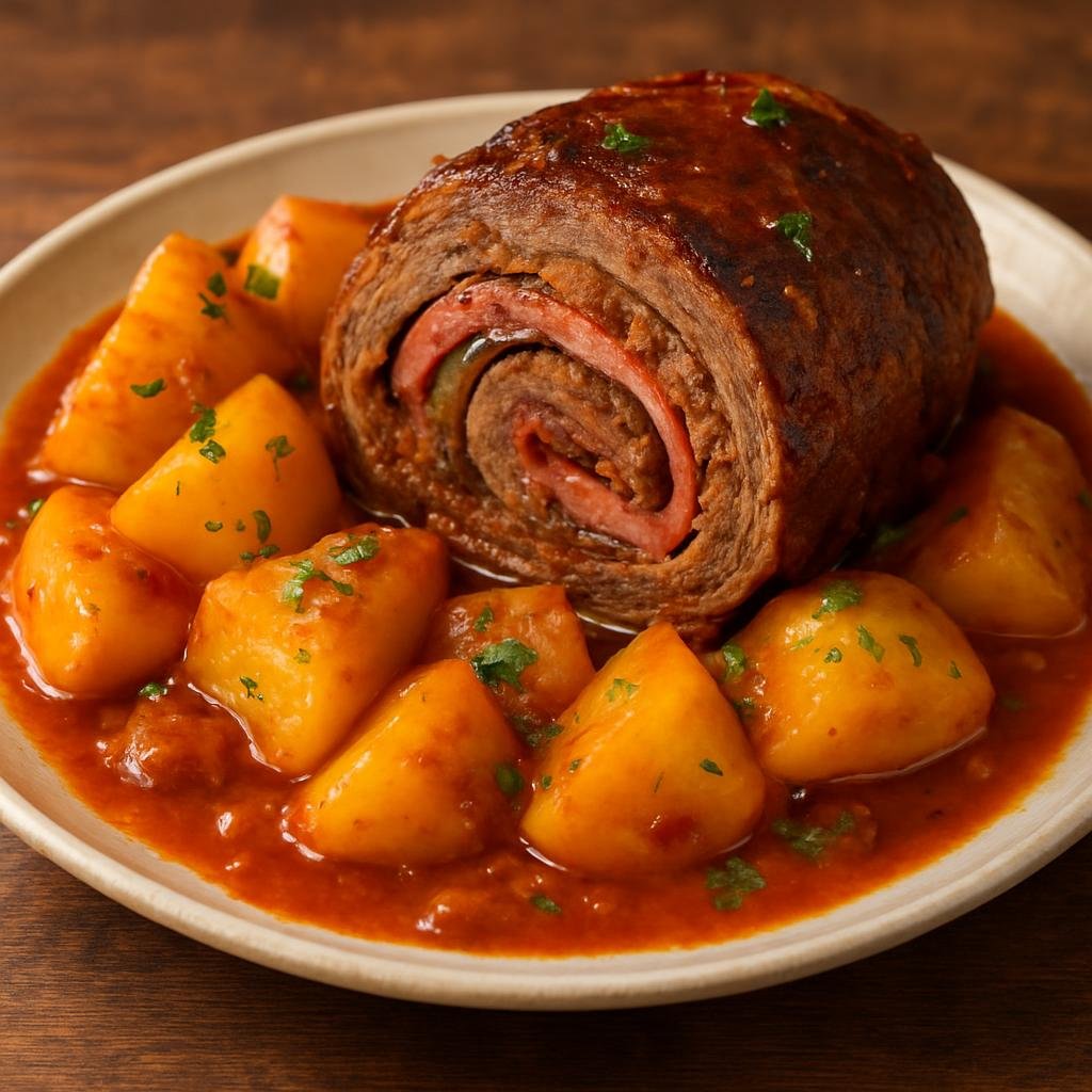 Entree: Cuba – Central Culinary Region – Boliche (Cuban pot roast of beef rolled and stuffed with ham, braised with potatoes in a savory tomato-based sauce) recipe