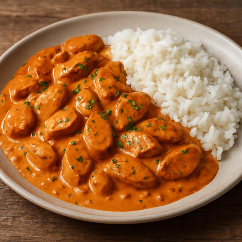 Entree: Åland Islands – Korv Stroganoff (Swedish-style sausage in a creamy tomato-mustard sauce, typically served with rice or potatoes) recipe