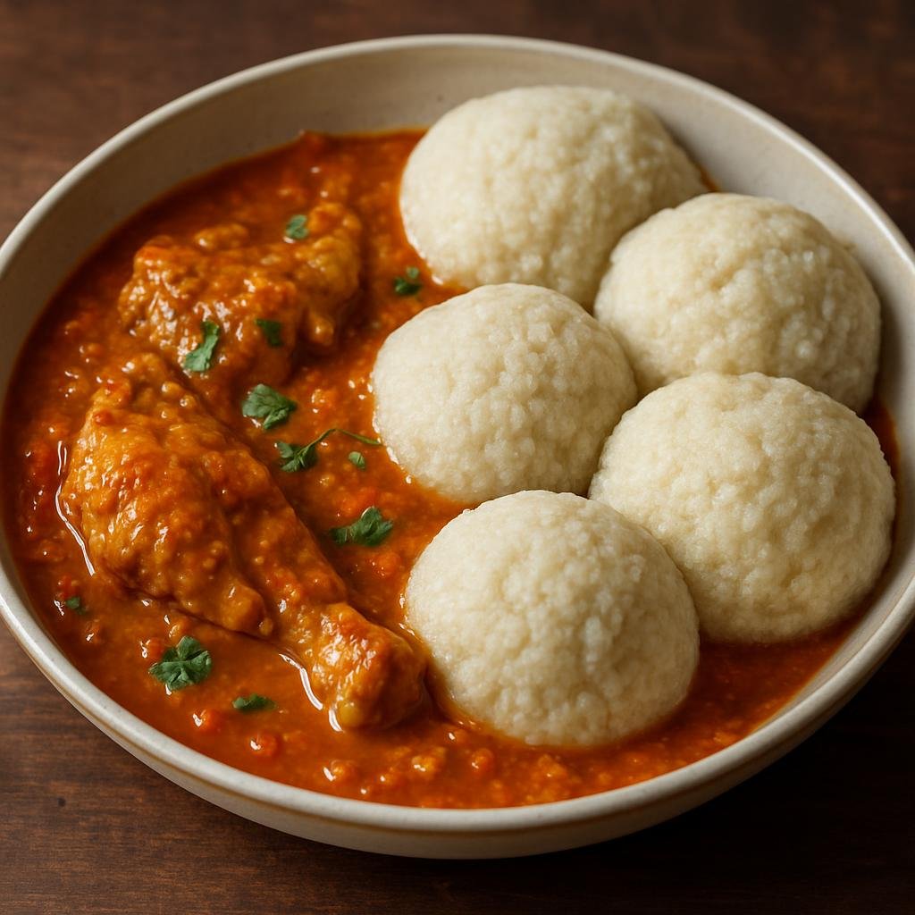 Entree: Gambia – Chere (Steamed millet dumplings served with a rich Gambian groundnut and tomato stew often made with chicken or fish) recipe