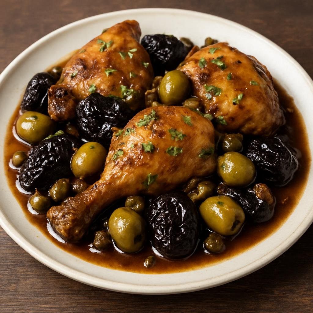 Entree: Gibraltar – Chicken Marbella (Gibraltarian-style braised chicken in a sweet‑and‑sour olive, prune and caper marinade) recipe