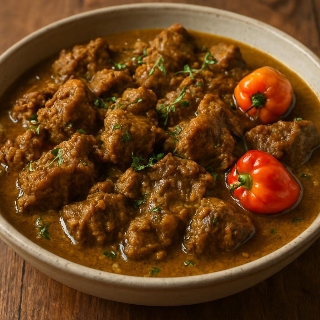 Entree: Grenada – Curry Goat (Slow-simmered Grenadian goat curry seasoned with Caribbean curry powder, thyme and scotch bonnet) recipe