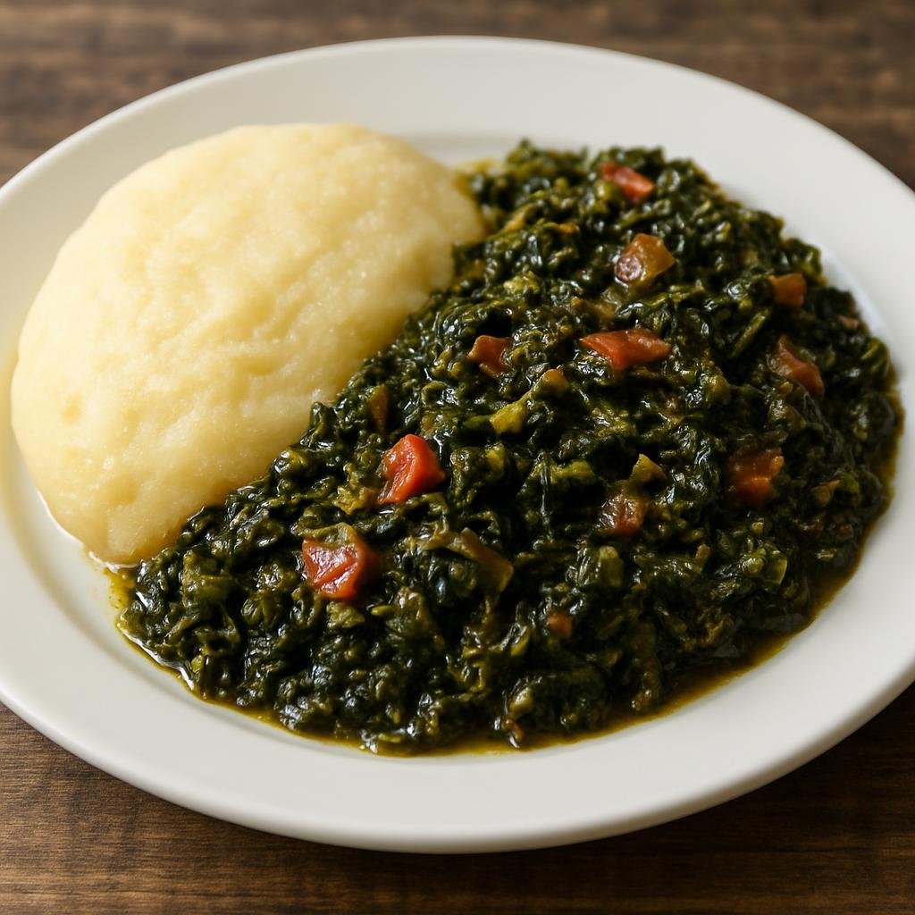 Entree: Lesotho – Moroho (Stewed leafy greens flavored with onion and tomato, commonly served with maize porridge) recipe