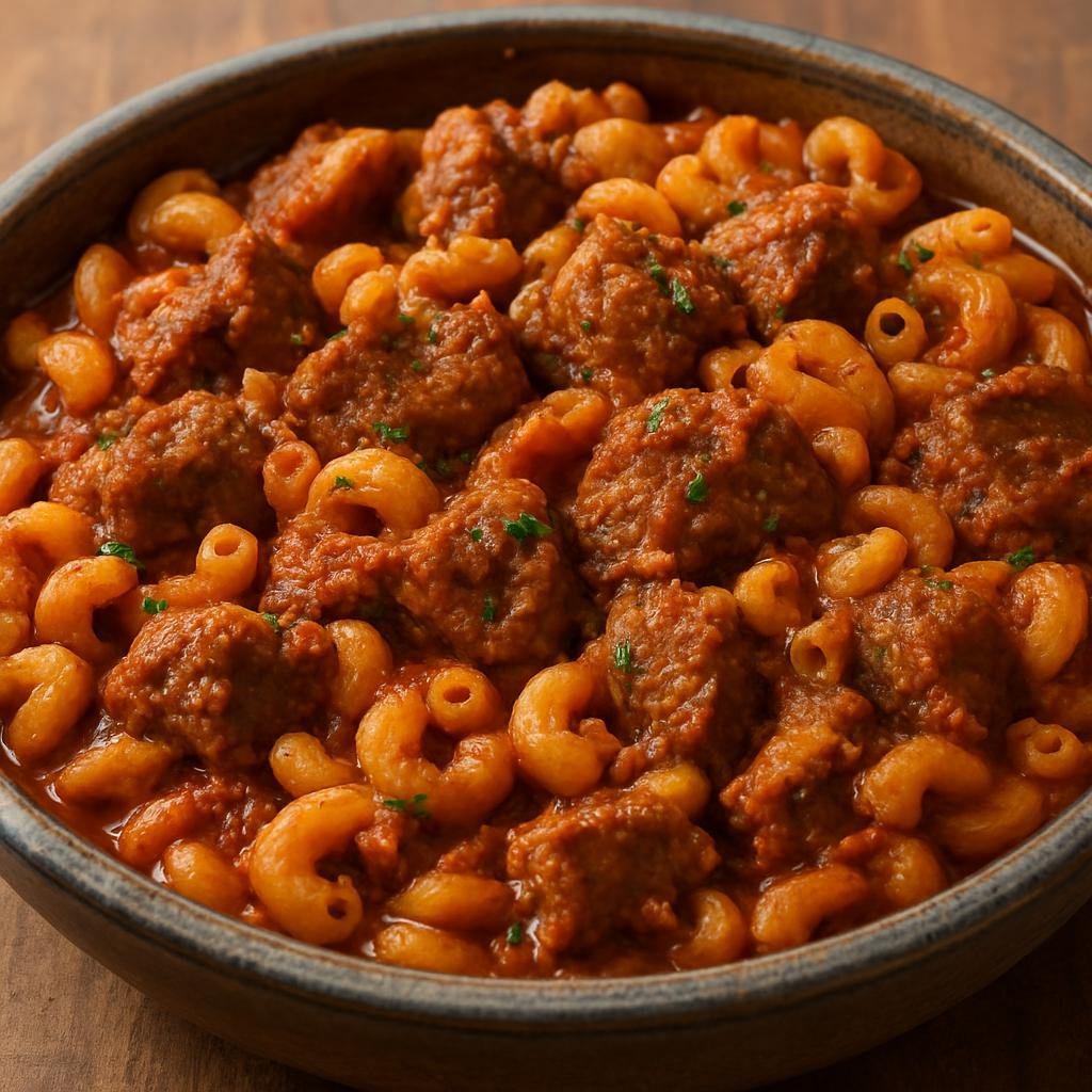 Entree: Libya – Makaruna Imbakbaka (A Libyan baked/stewed macaroni dish of pasta and tender spiced meat in a tomato-based sauce) recipe