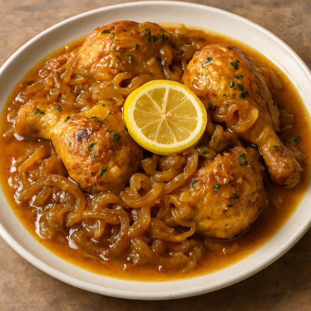 Entree: Mali – Poulet Yassa (Marinated and braised chicken in lemon and caramelized onion sauce) recipe