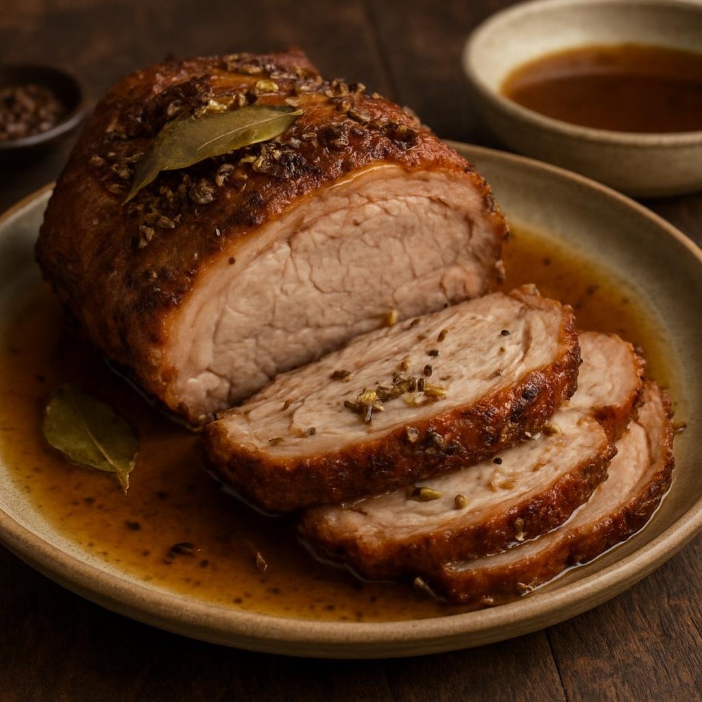 Entree: Moldova – Friptură de Porc (Traditional Moldovan roast pork seasoned with garlic, caraway, and bay served with pan juices) recipe