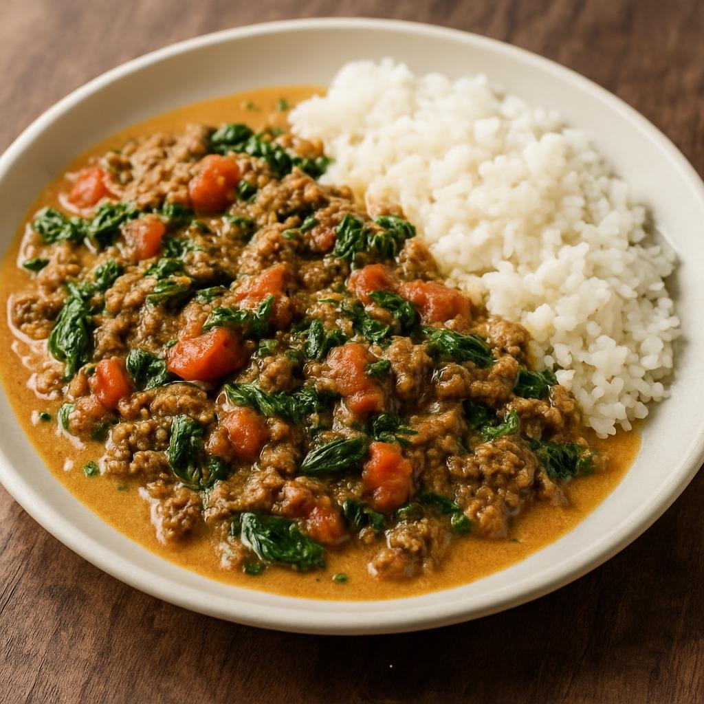 Entree: Northern Mariana Islands – Tinaktak (Chamorro-style ground beef simmered in coconut milk with tomatoes and greens, finished thick and served with rice) recipe