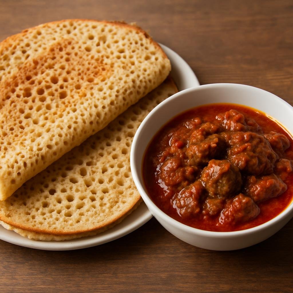 Entree: Somalia – Canjeero with Suugo (Fermented spongy flatbread served with a spiced tomato-and-meat sauce) recipe