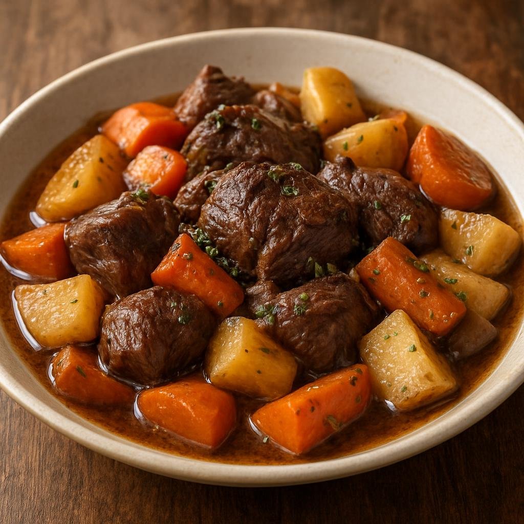 Entree: South Georgia and the South Sandwich Islands – Braised Reindeer with Root Vegetables (Slow-braised reindeer cooked with an assortment of hearty root vegetables in a savory herb-scented broth) recipe
