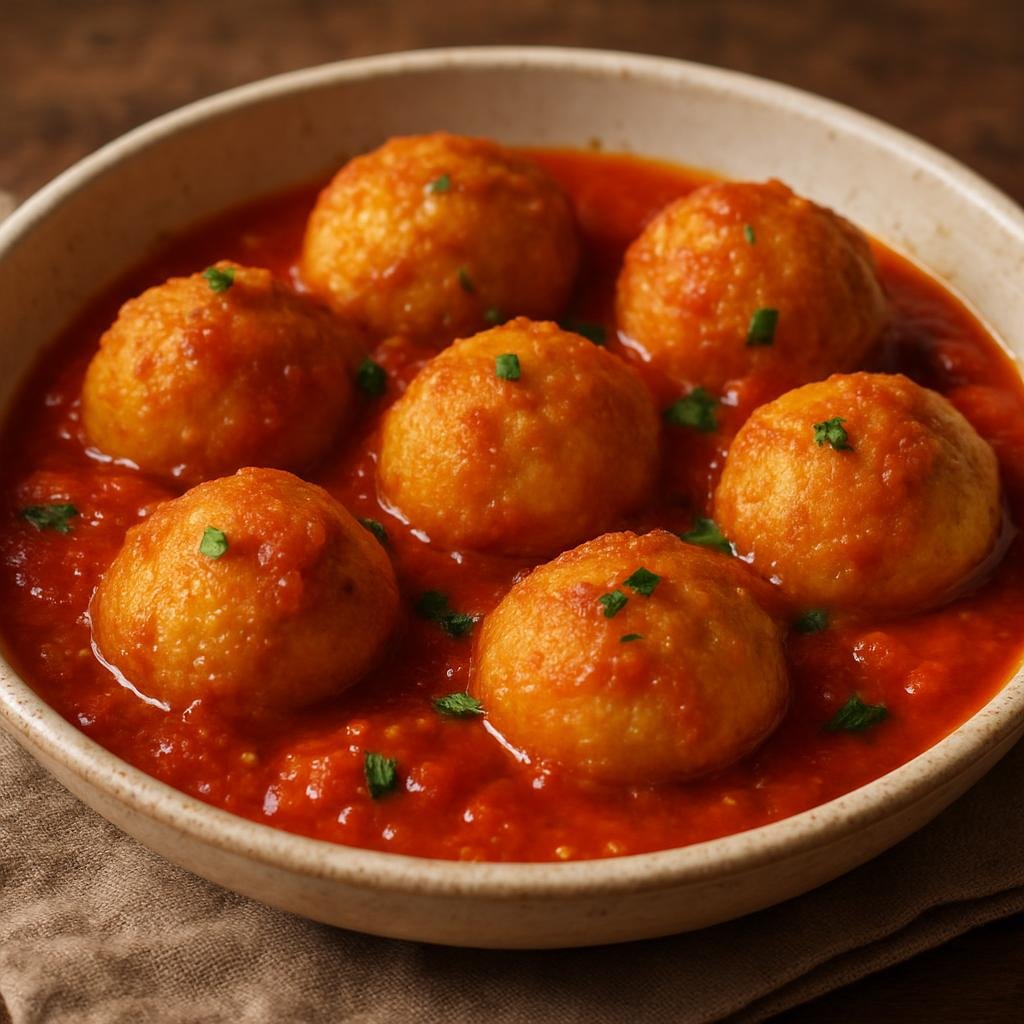 Entree: Italy – Abruzzo – Pallotte Cace e Ove (Fried cheese-and-egg dumplings simmered in a simple tomato sauce) recipe