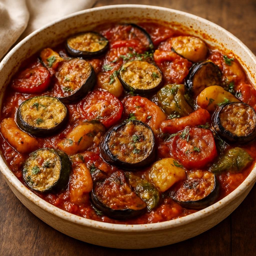 Entree: Greece – Aegean Islands – Μπριάμ ➤ Briám (Oven-baked mixed Mediterranean vegetables in tomato and olive oil seasoned with herbs) recipe