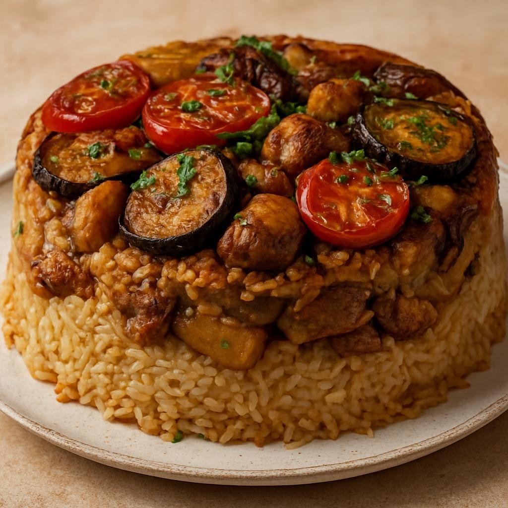 Entree: Israel – Galilee – مقلوبة ➤ Maqlūbah (Inverted layered rice with meat and vegetables) recipe