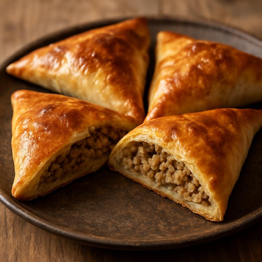 Entree: Uzbekistan – Bukhara – Samsa (Baked savory triangular pastry filled with seasoned minced meat and onions) recipe