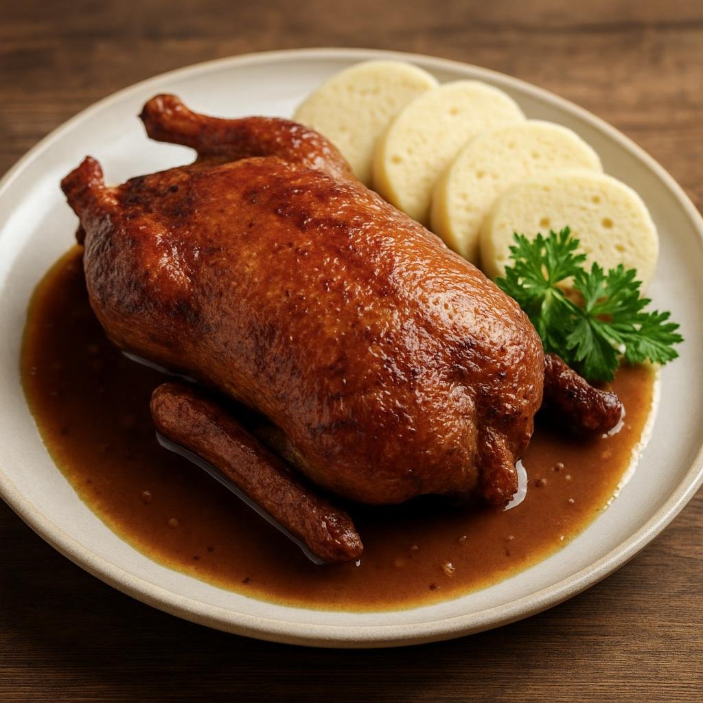 Entree: Czechia – Bohemia – Pečená kachna (Oven-roasted whole duck prepared in traditional Bohemian style with crisp skin and savory pan sauce) recipe