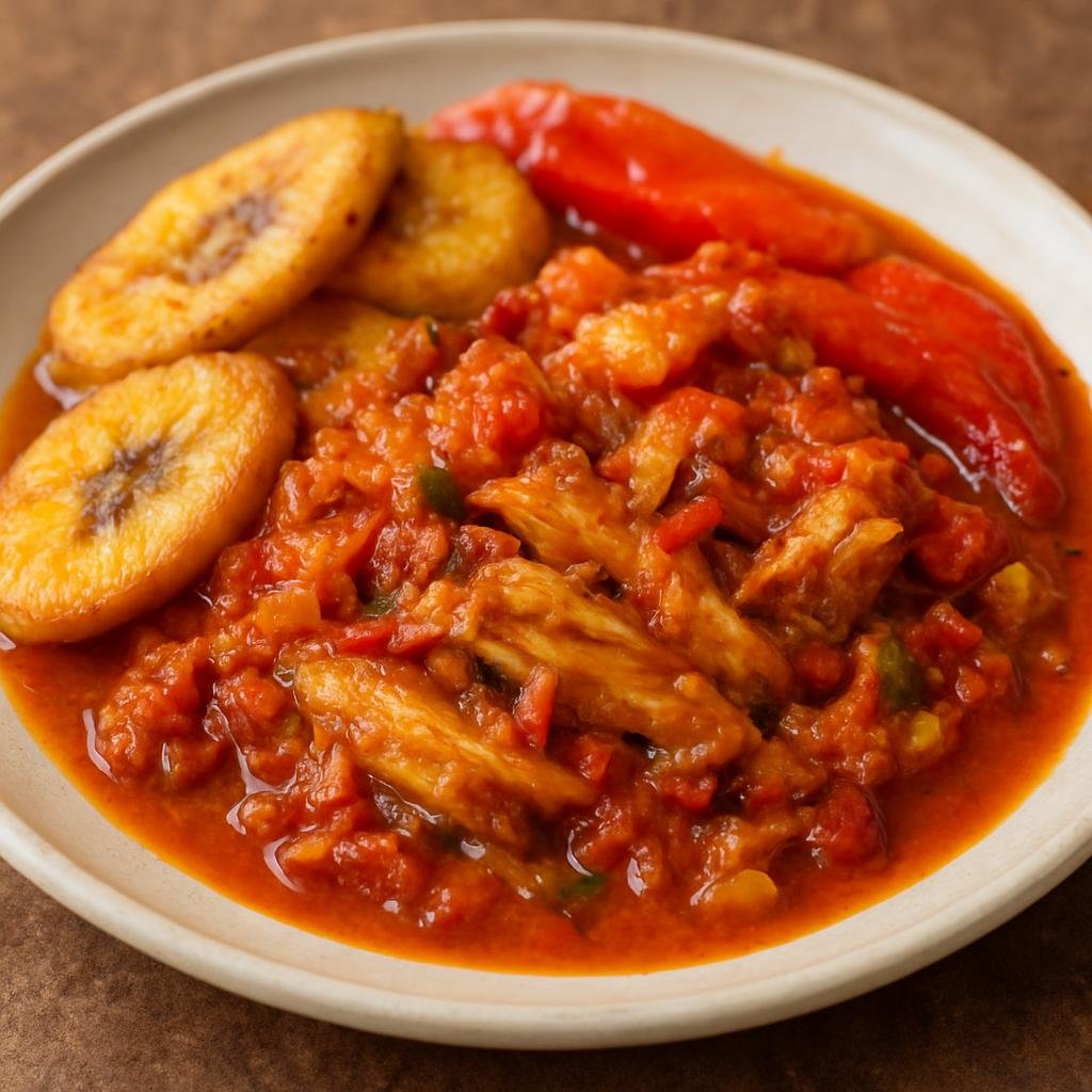 Entree: Democratic Republic of the Congo – Central Culinary Region – Makayabu (Salted dried cod stewed in a fragrant tomato and palm oil sauce with peppers and plantain, a Central Congolese staple) recipe