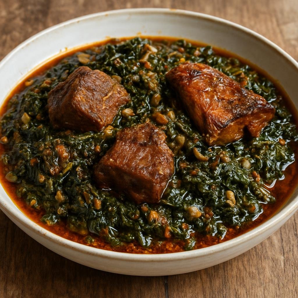 Entree: Equatorial Guinea – Central Culinary Region – Ndolé (Bitterleaf and peanut stew with meat or smoked fish, cooked in palm oil) recipe