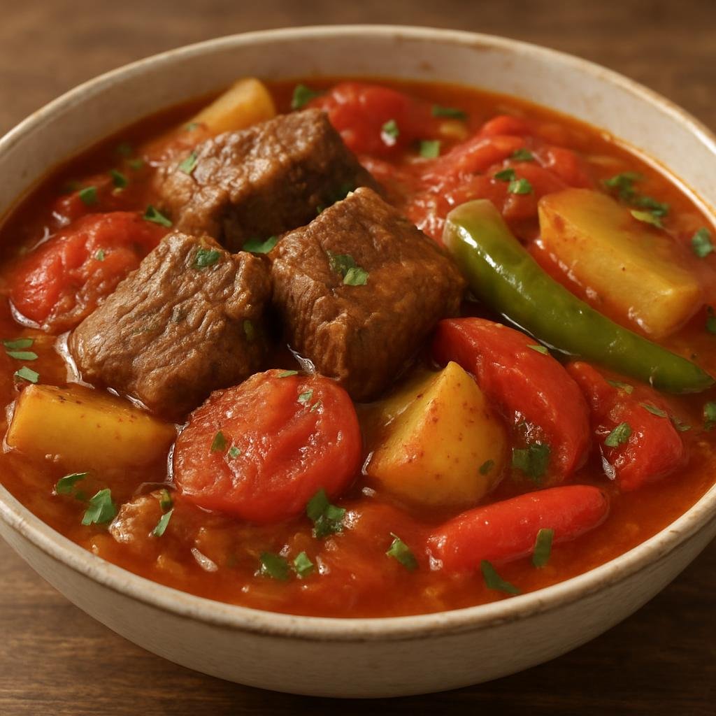 Entree: Armenia – Central Culinary Region – Խաշլամա ➤ Khashlama (Slow-simmered Armenian stew of large meat pieces with tomatoes, peppers, and potatoes) recipe