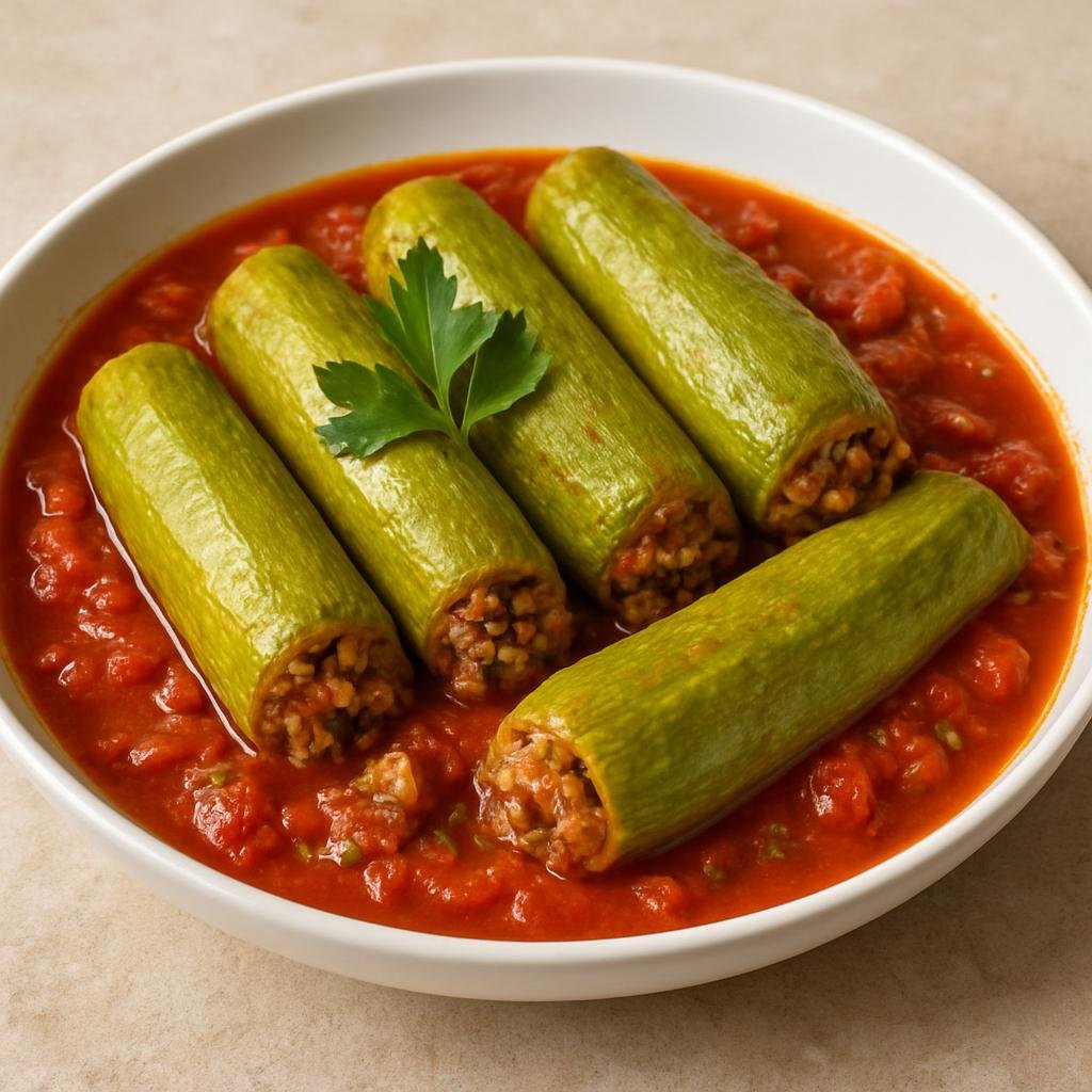 Entree: Lebanon – Beirut & Coastal Lebanon – كوسا محشي ➤ Kūsa Maḥshī (Zucchini stuffed with spiced rice and minced meat cooked in a tomato-lemon broth) recipe