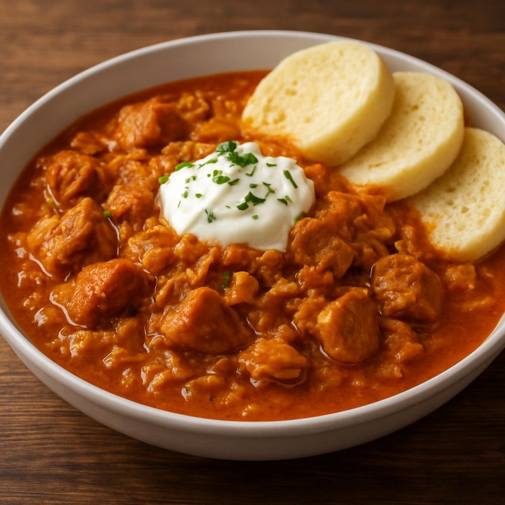 Entree: Slovakia – National Cuisine – Segedínsky Guláš (Hearty Slovak pork and sauerkraut goulash slowly braised with paprika and finished with sour cream) recipe