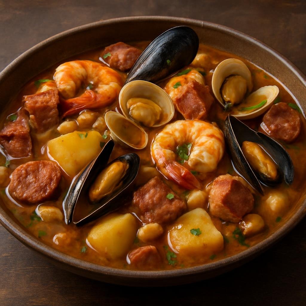 Entree: Chile – Chiloe – Pulmay (Hearty Chiloé mixed seafood and meat stew with potatoes, shellfish, smoked pork, and chorizo) recipe