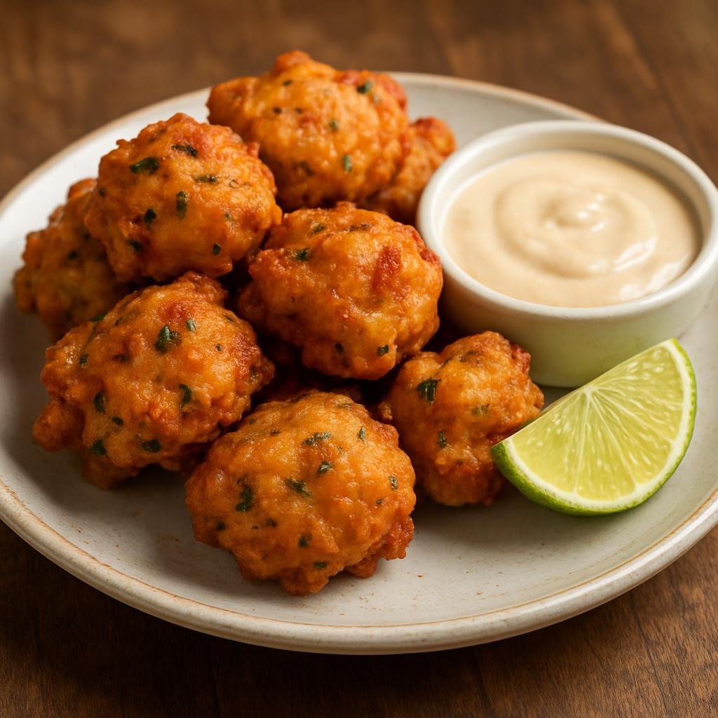 Entree: Bahamas – Conch Fritters (Deep-fried seasoned batter fritters made with chopped conch meat) recipe