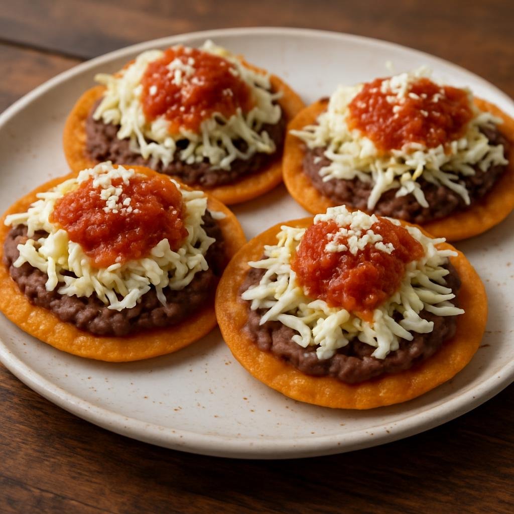 Entree: Belize – Garnaches (Small fried corn tortillas topped with refried beans, shredded cabbage, cheese, and salsa) recipe