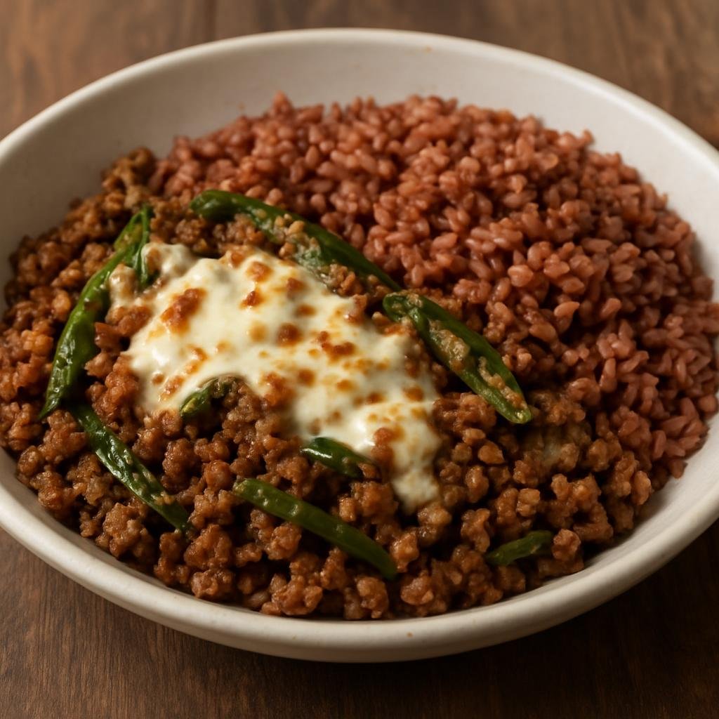 Entree: Bhutan – Goep (Hearty Bhutanese stir of minced pork with fresh chilies and melted local cheese served with red rice) recipe