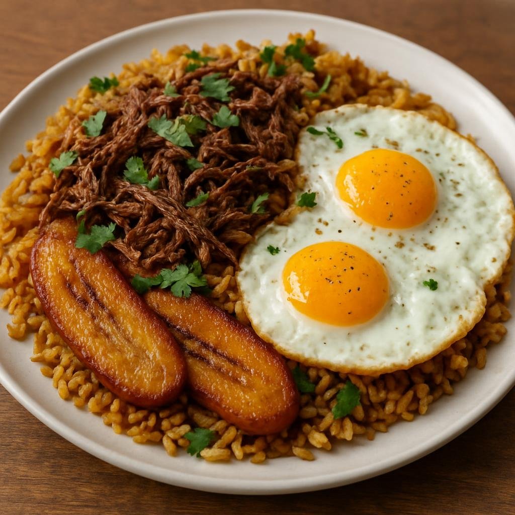 Entree: Bolivia – Majadito (Bolivian stir-fried rice with shredded dried beef, fried plantain, cilantro, and fried eggs) recipe