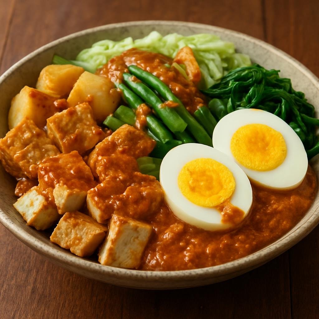 Entree: Cocos (Keeling) Islands – Central Culinary Region – Gado-Gado (Indonesian-style mixed boiled and blanched vegetables with tofu, tempeh, hard-boiled eggs and a spicy peanut sauce) recipe