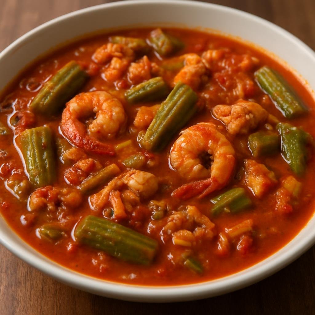 Entree: Curacao – Central Culinary Region – Giambo (Hearty Curaçaoan okra and seafood stew simmered with tomatoes and spices) recipe