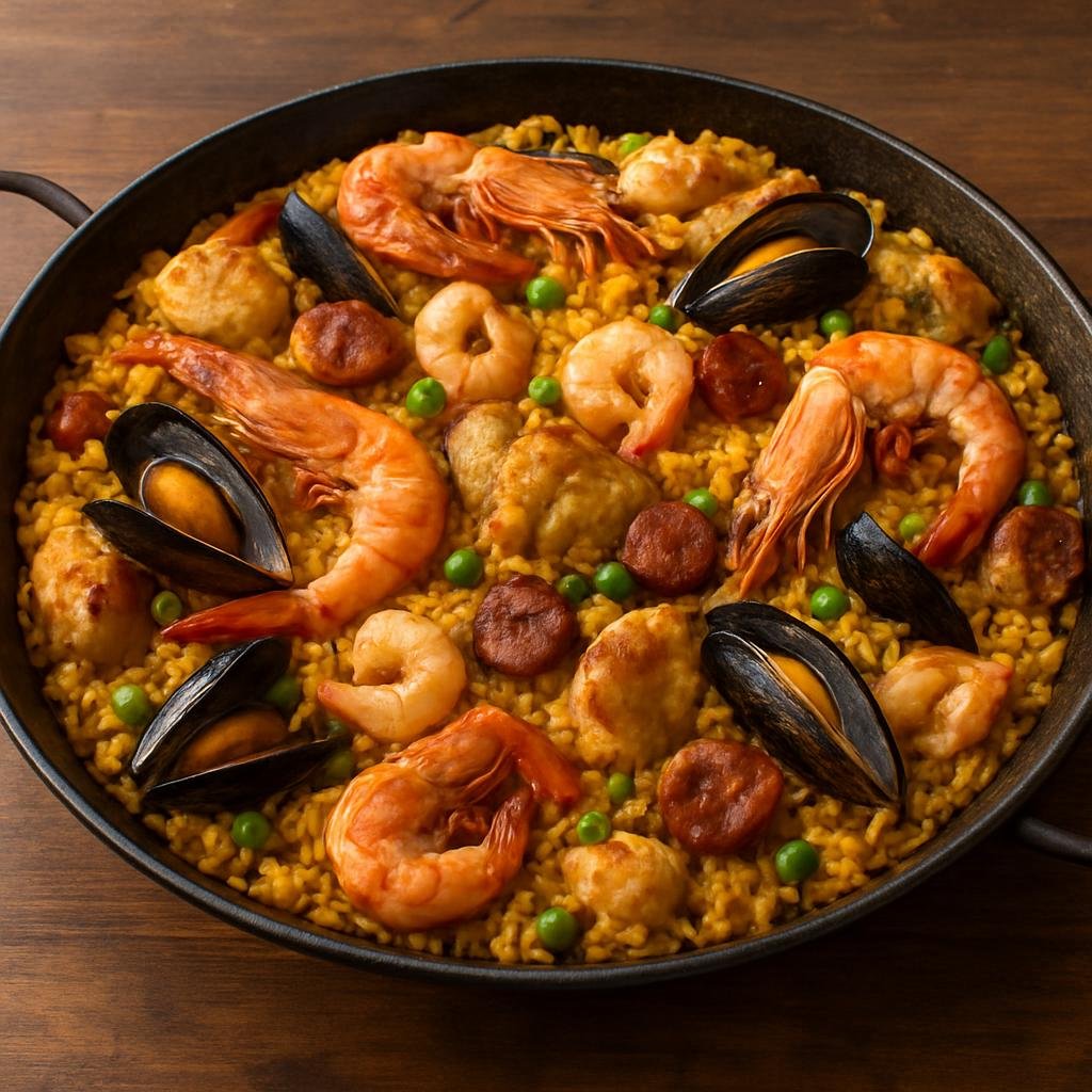 Entree: Gibraltar – Gibraltar-style Paella (A saffron-scented Spanish-style rice dish cooked with mixed seafood, chicken, and chorizo in a wide paella pan) recipe
