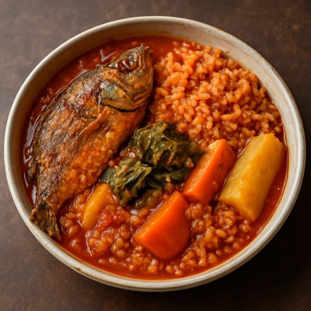 Entree: Guinea – Thieboudienne (Traditional West African one-pot fish and rice cooked in a spiced tomato sauce with vegetables) recipe