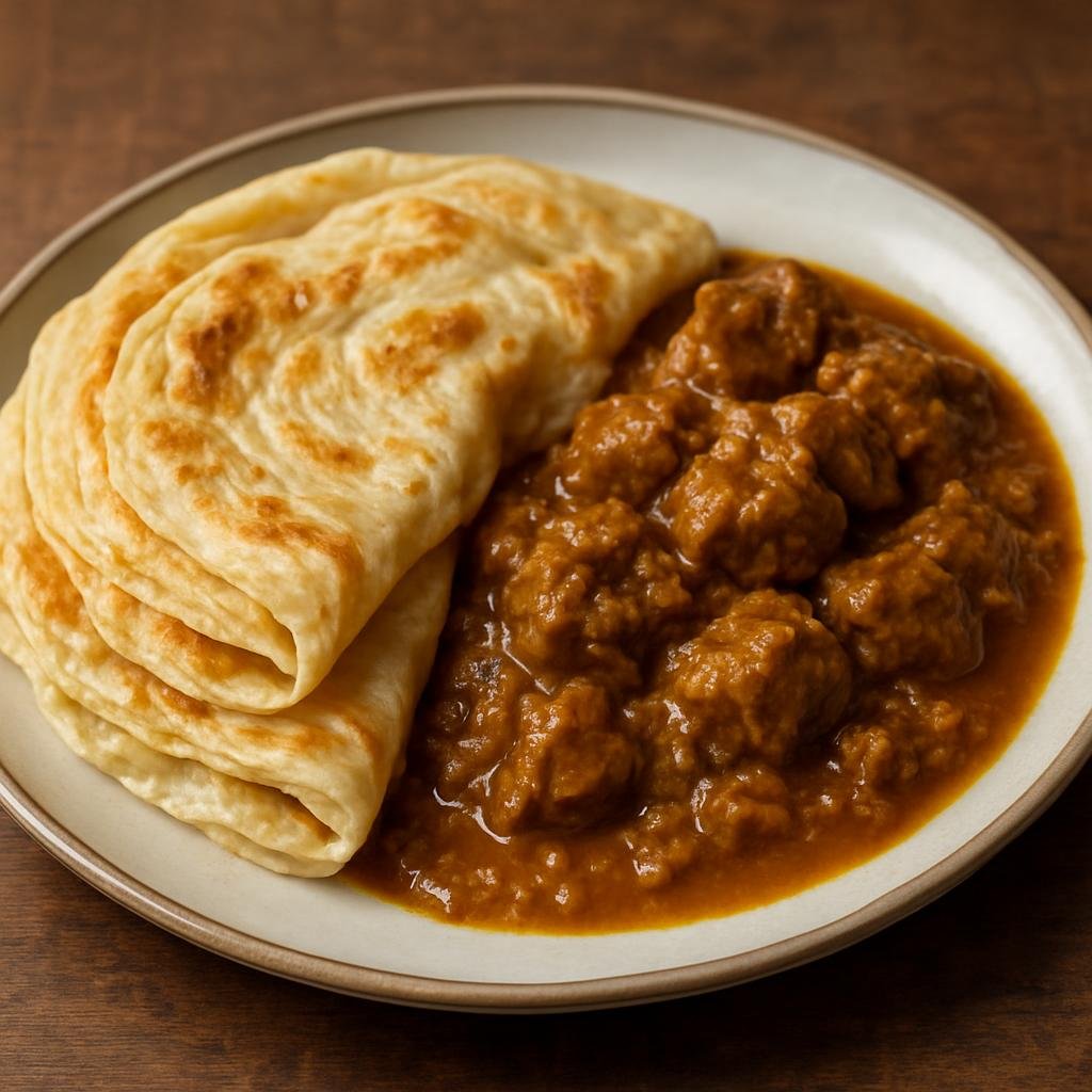 Entree: Guyana – Roti and Curry (Soft layered flatbread served with a hearty curried meat stew typical of Guyanese Indo-Caribbean cooking) recipe