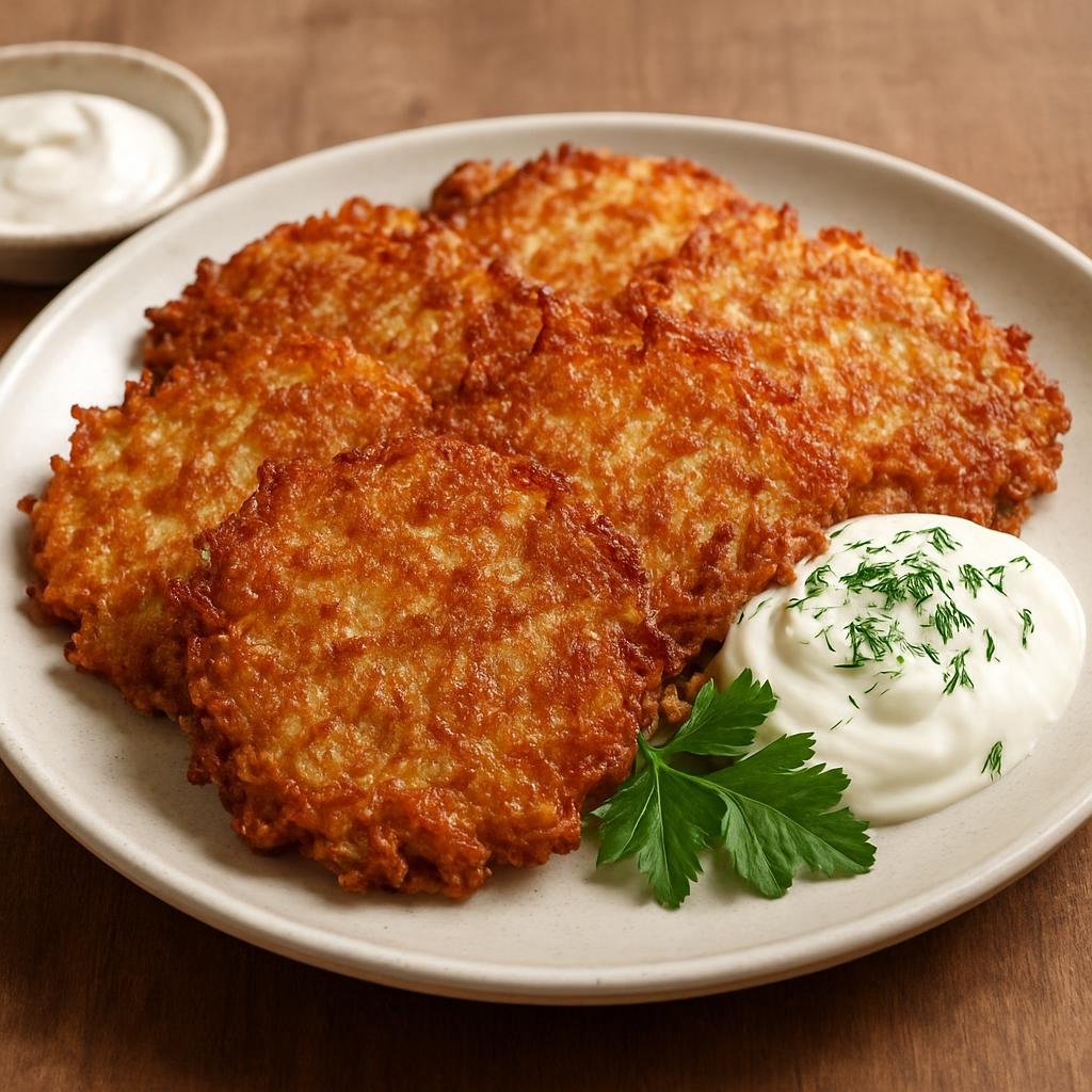 Entree: Latvia – Kartupeļu pankūkas (Latvian grated potato pancakes pan-fried until crisp and served savory) recipe
