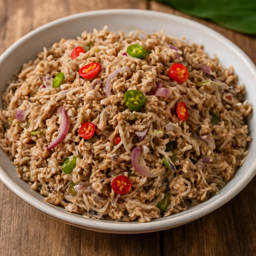 Entree: Maldives – ބޮށި މަށުނި ➤ Boshi Mashuni (Shredded banana blossom tossed with smoked tuna, grated coconut, onions, and chilies as a savory Maldivian coconut-tuna salad) recipe
