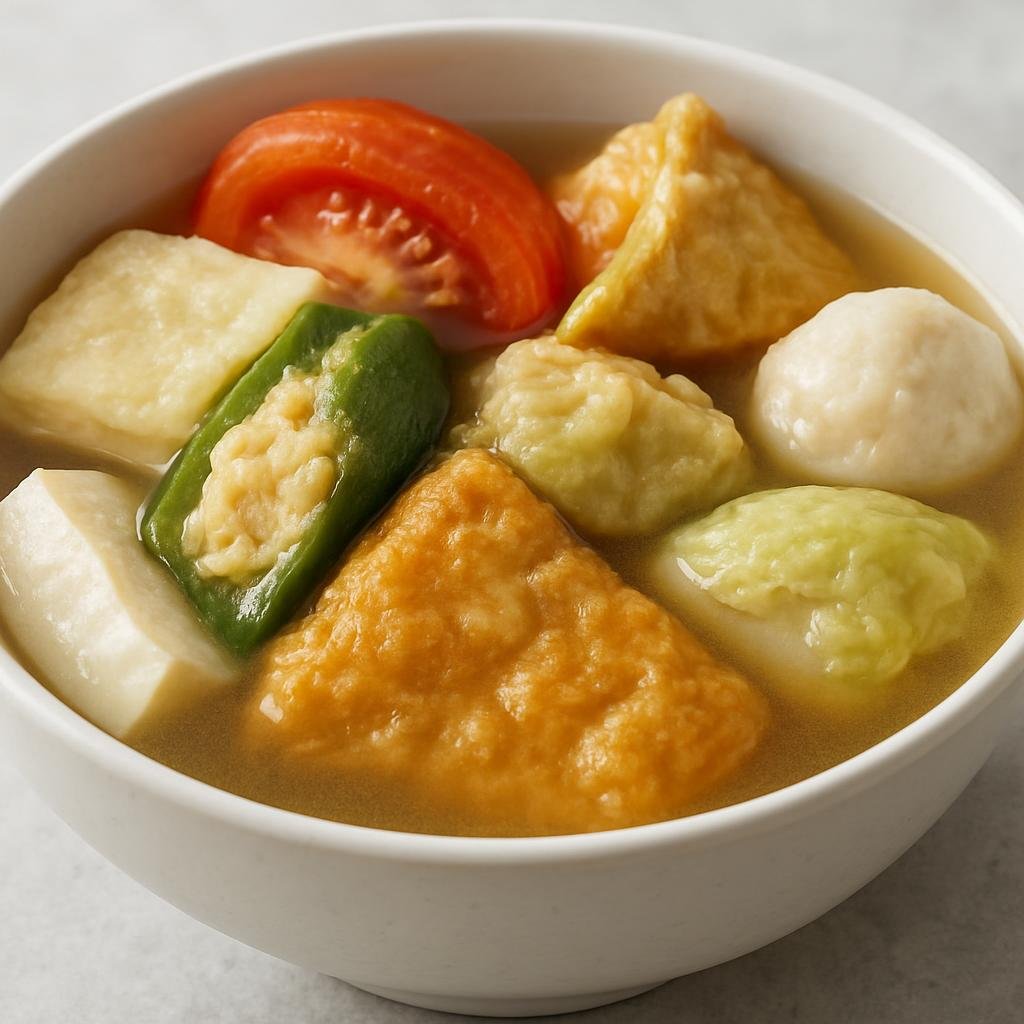Entree: Malaysia – Malaysian Chinese – 酿豆腐 ➤ Niàng dòufu (Assorted tofu and vegetables stuffed with seasoned fish paste, served in a light broth or with a savory sauce) recipe