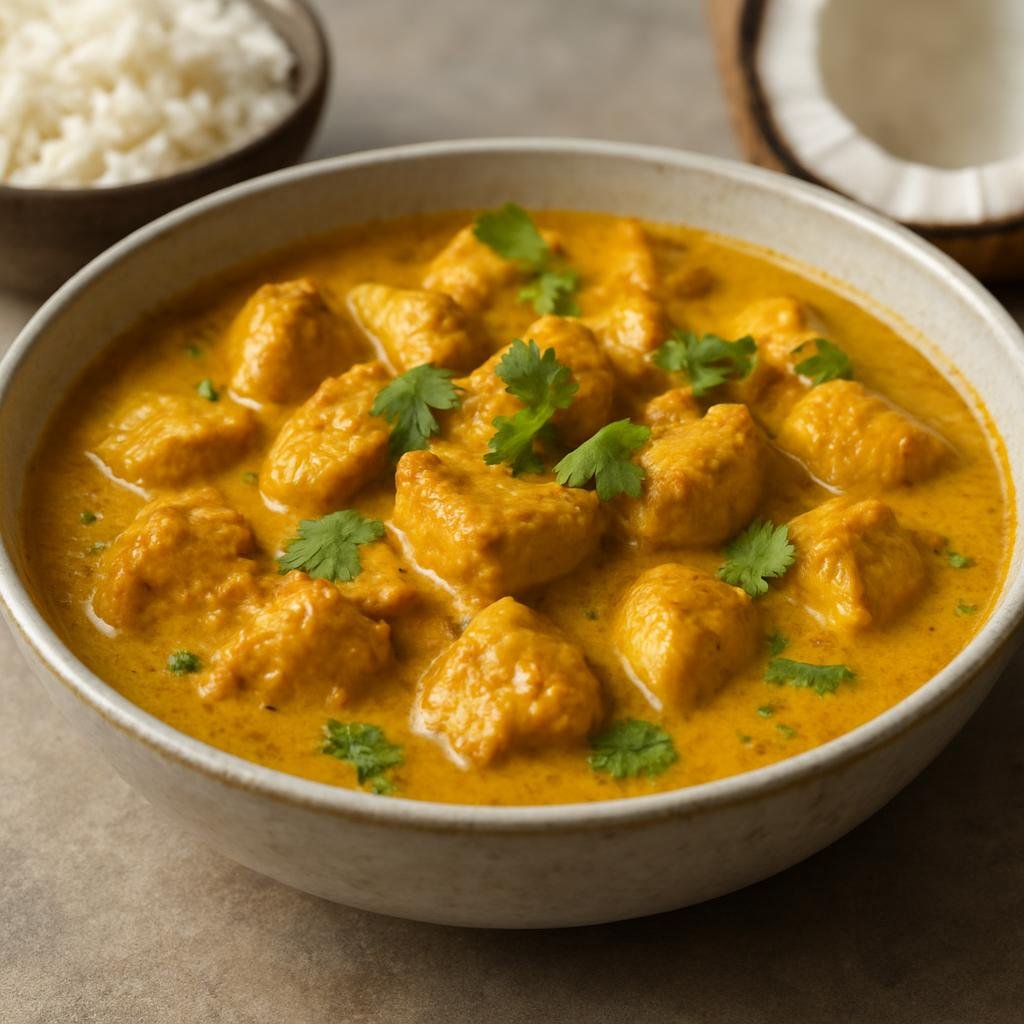 Entree: Norfolk Island – Coconut Chicken Curry (Island-style chicken simmered in fragrant coconut milk with warm curry spices) recipe