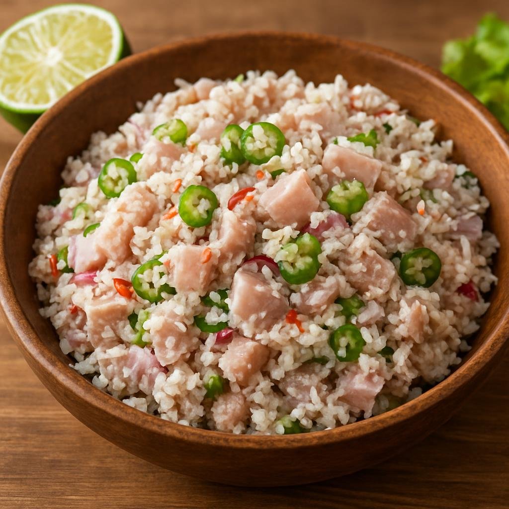 Entree: Palau – Kelaguen (Chopped marinated meat or fish mixed with citrus, grated coconut, onions, and chili) recipe