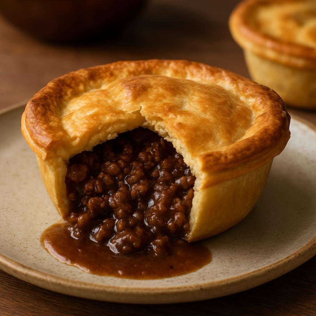 Entree: Australia – Melbourne & Victoria – Meat Pie (Individual shortcrust pastry pies filled with seasoned minced beef and thick gravy) recipe