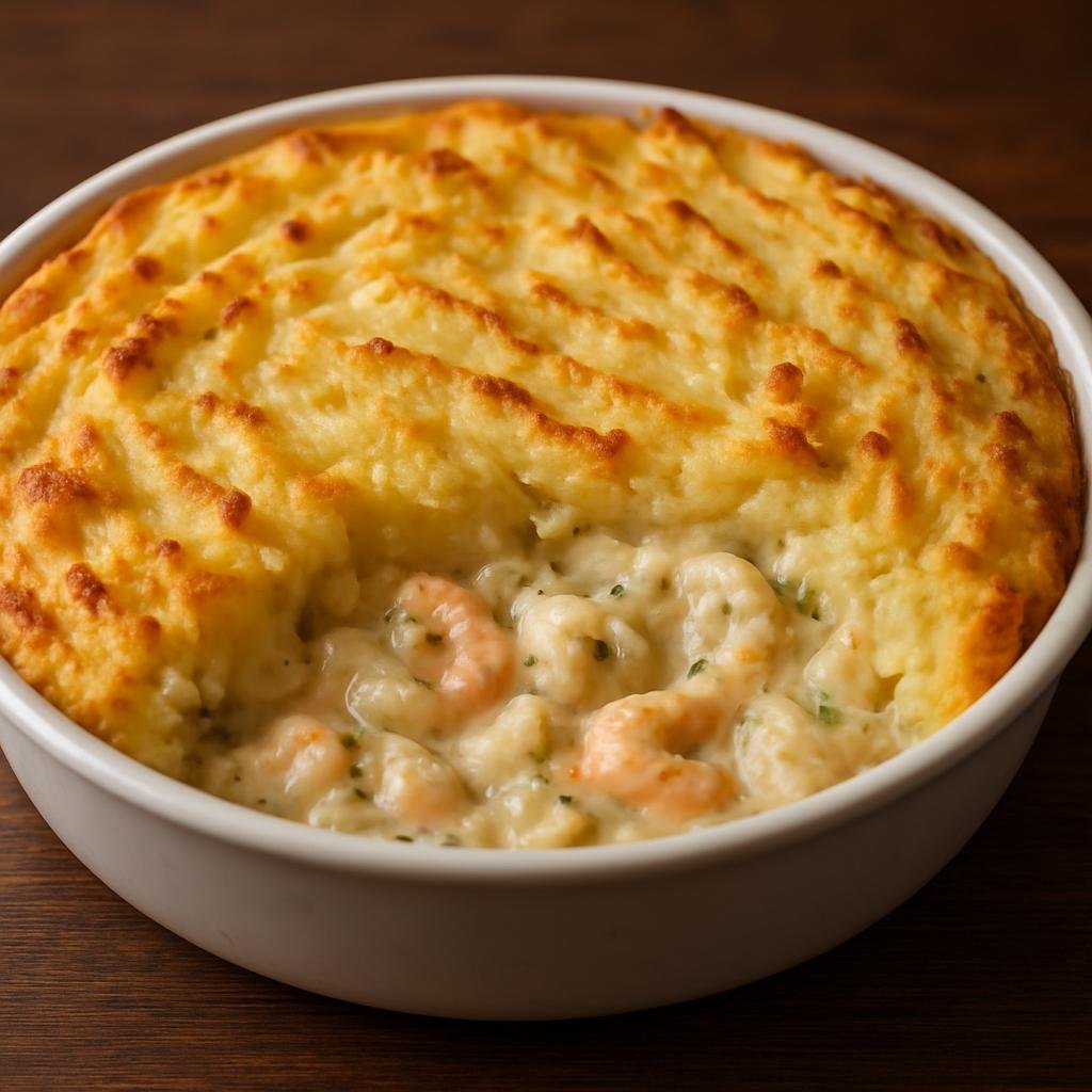 Entree: South Georgia and the South Sandwich Islands – Seafood Pie (Baked savory pie of mixed seafood in a creamy white sauce topped with mashed potato) recipe