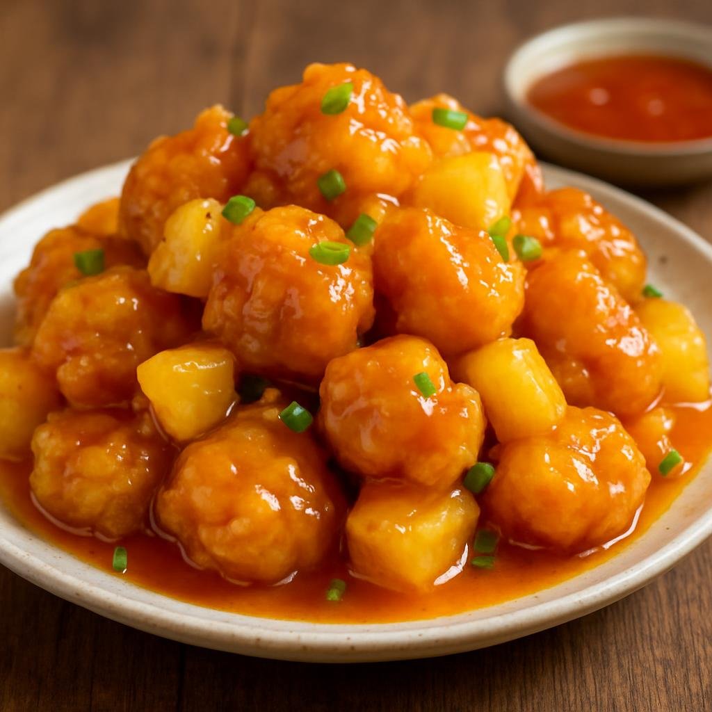 Entree: Taiwan – 鳳梨蝦球 ➤ Fènglí xiāqiú (Crispy battered shrimp balls glazed in a sweet-and-sour pineapple sauce) recipe