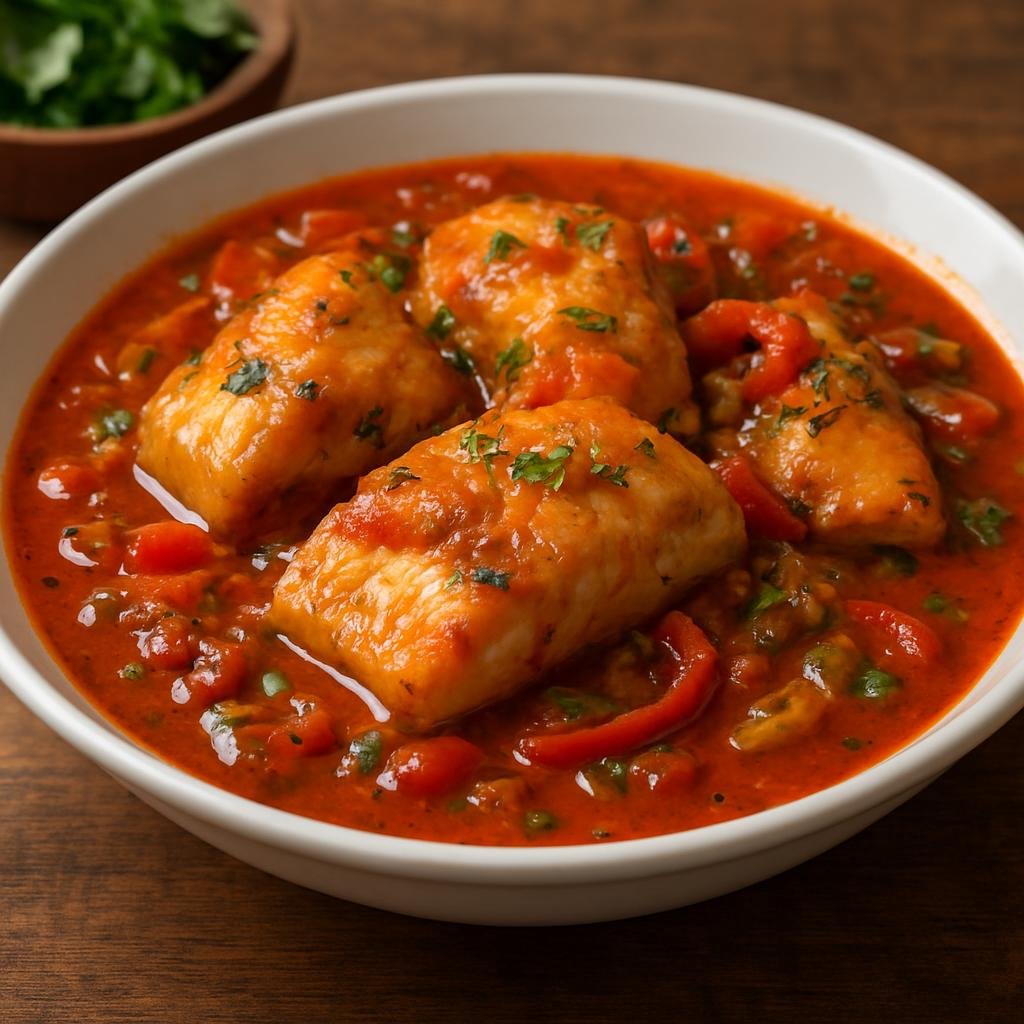 Entree: Turks and Caicos Islands – Stewed Fish (Firm white fish simmered in a seasoned tomato-based broth with Caribbean herbs and peppers) recipe