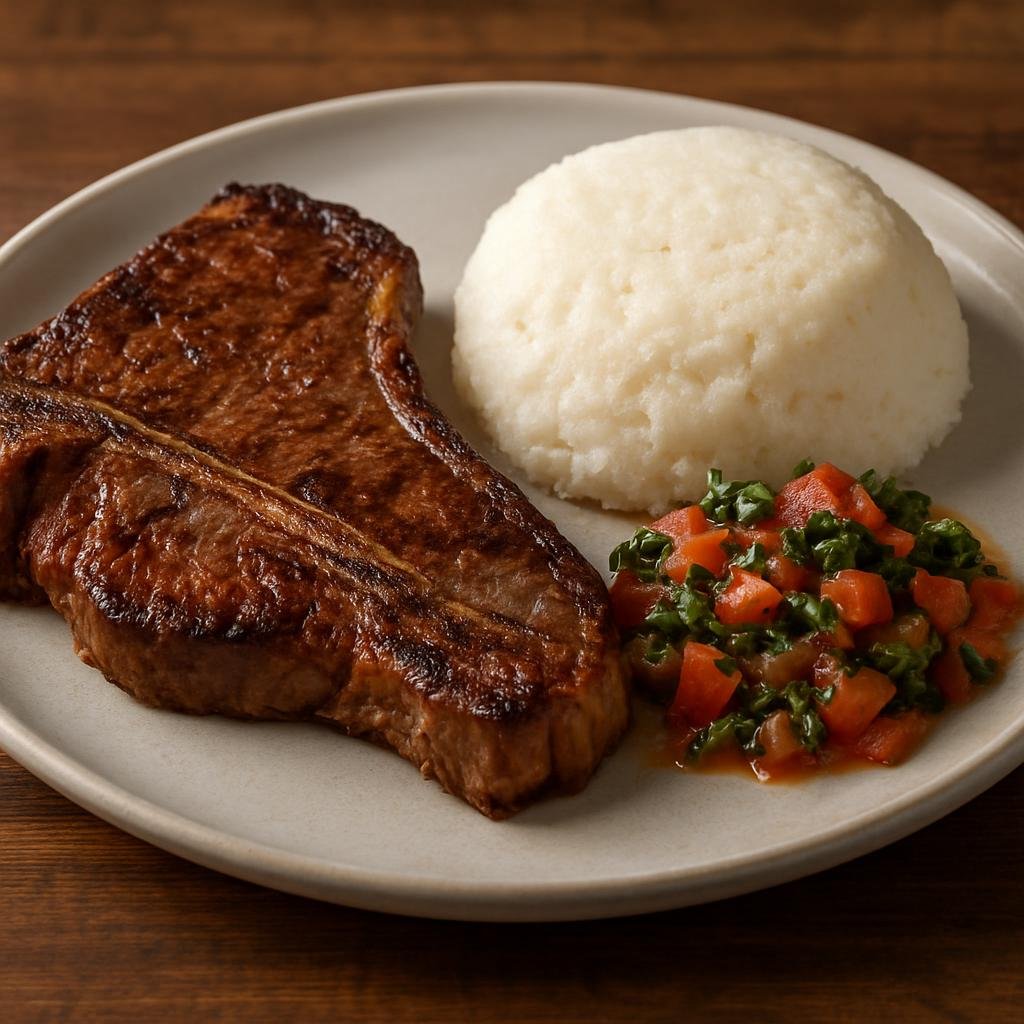 Entree: Zambia – T-bone Steak with Nshima (Grilled T-bone steak served with firm maize porridge and a tomato-and-greens relish) recipe