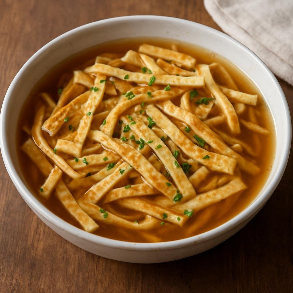 Entree: Germany – Baden – Flädle (Thin savory pancakes cut into strips, traditionally served in clear beef broth as a noodle-like garnish) recipe