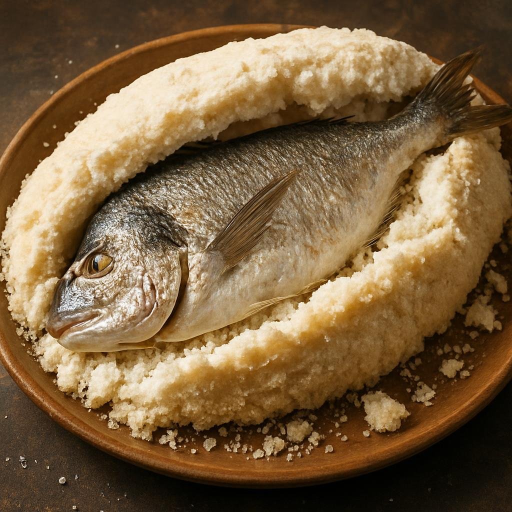 Entree: Spain – Andalusia – Pescado a la Sal (Whole fish baked encased in a salt crust that seals in moisture and flavor) recipe