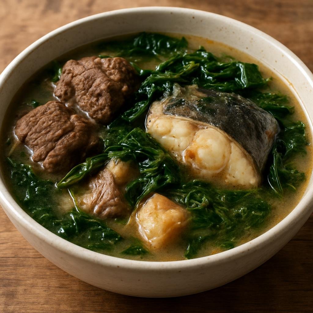 Entree: Nigeria – Calabar / Efik-Ibibio – Afia Efere (Efik white soup of meat and fish cooked in a clear, spiced broth and finished with bitter/peppery leaves) recipe