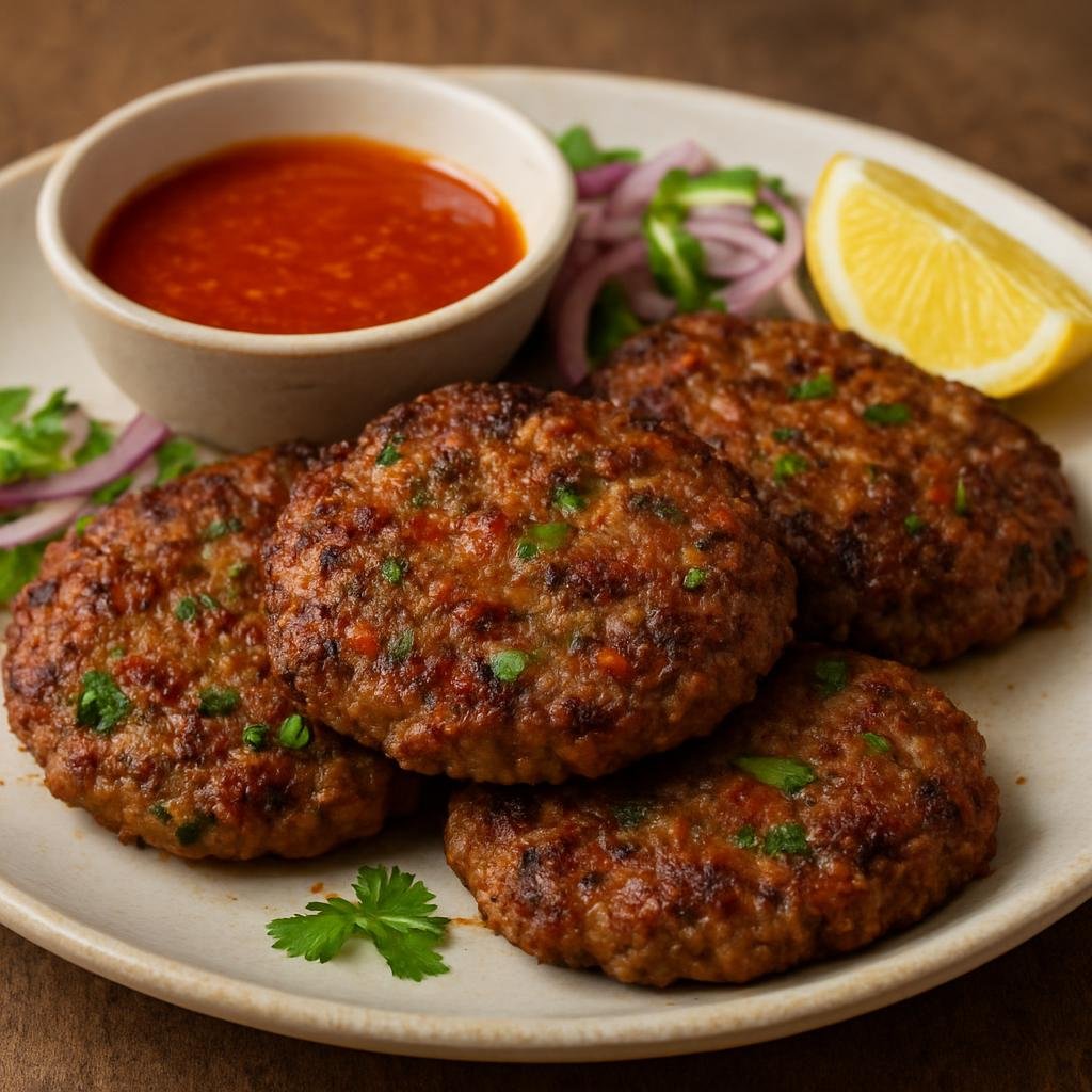 Entree: Pakistan – Karachi – چپلی کباب ➤ Chapli Kabab (Flattened, spiced pan-fried minced meat patties from Pakistani cuisine) recipe