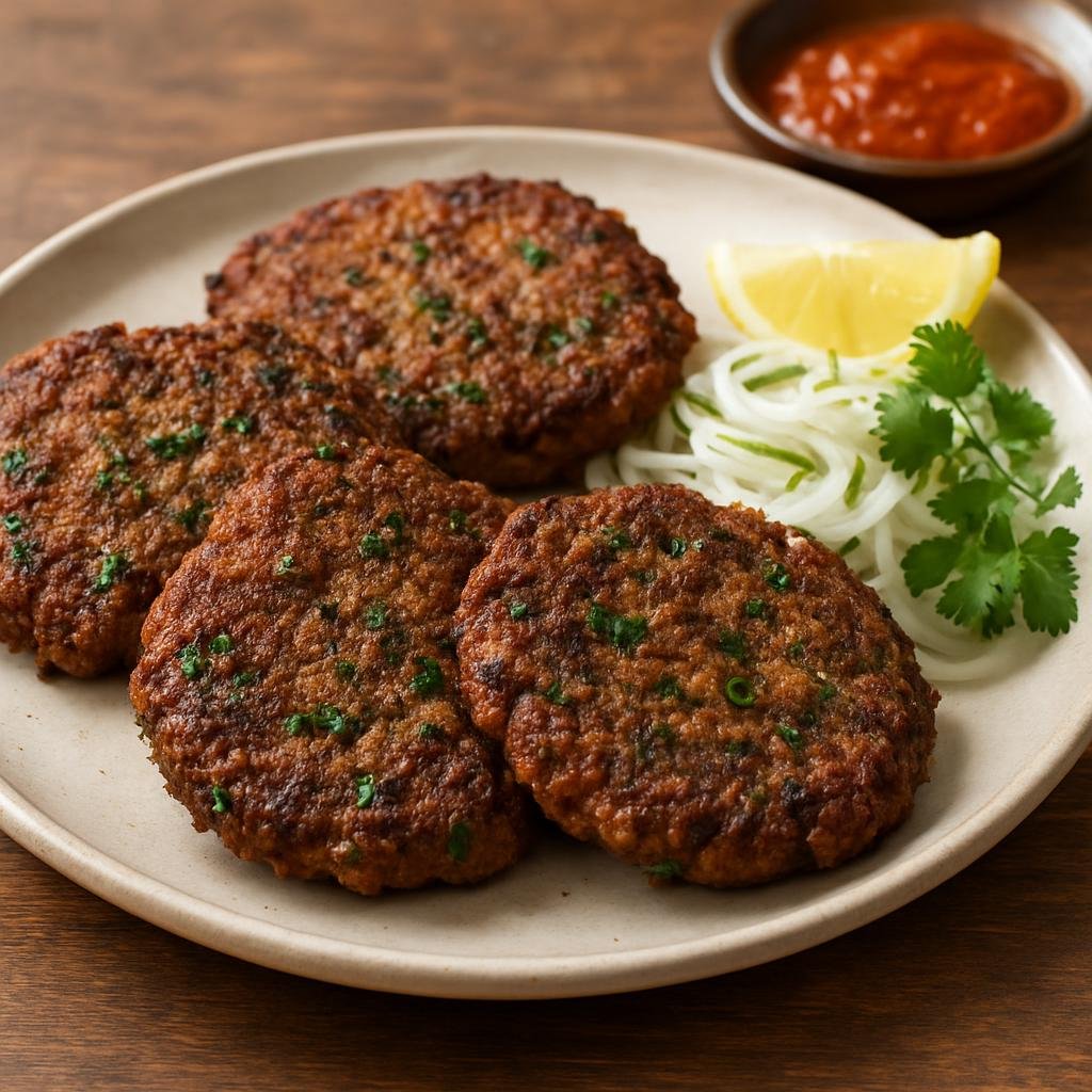 Entree: Afghanistan – Central Culinary Region – چپلی کباب ➤ Chapli Kabab (Spiced flat pan-fried ground meat patties flavored with herbs and warm spices) recipe